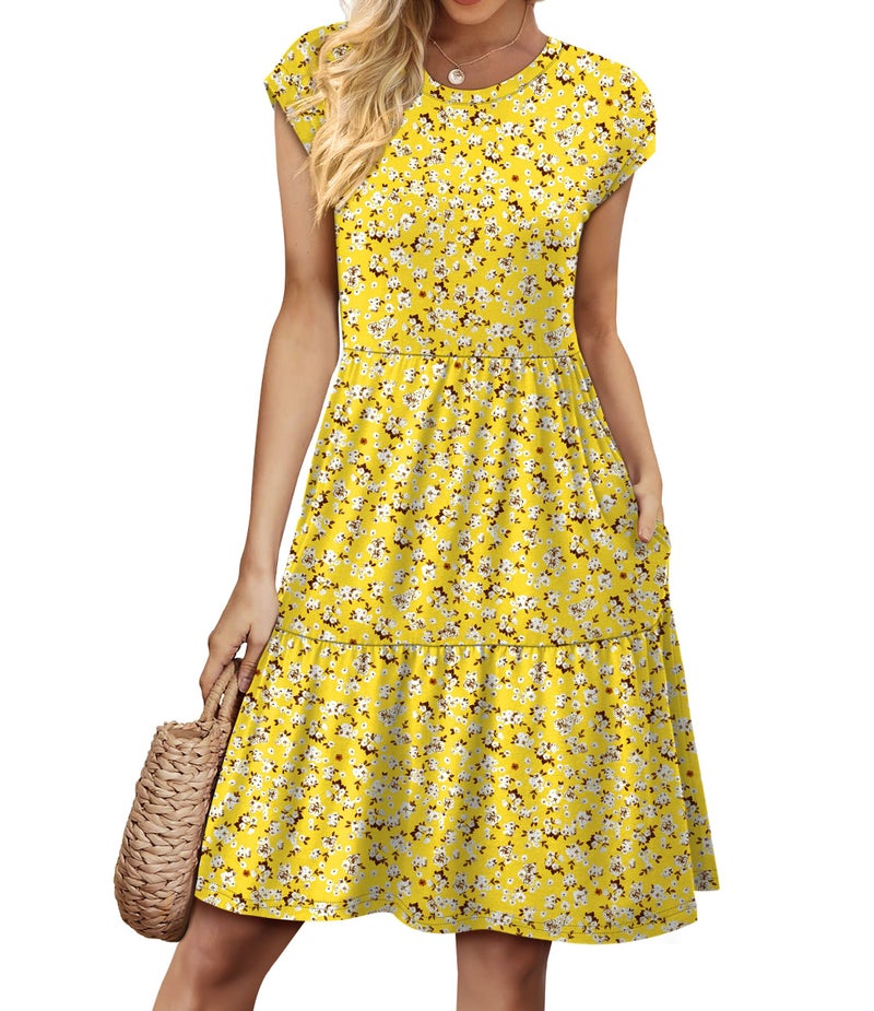 WIHOLL Casual Dresses for Women Cap Sleeve Sundress Maternity Dress Womens Loose Spring Short Flowy Floral Dress Pleated Mini Sundresses Summer Dresses Yellow White XL - Image 1