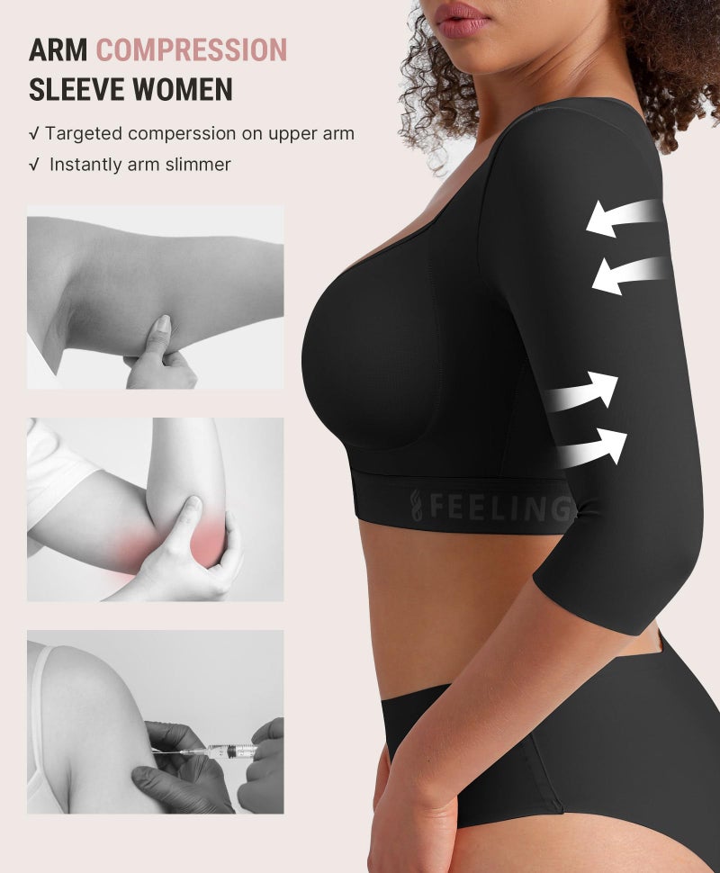 FeelinGirl Arm Shaper for Women Arm Compression Sleeves Post Surgical Slimming Sleeves Breast Lifter Black L - Image 2