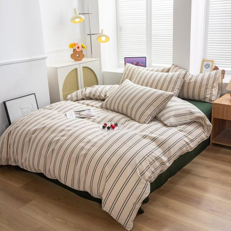 Mucalis Beige Duvet Cover Queen Size with Green Striped 100% Washed Cotton Duvet Cover Set Full Vintage 3 Piece Stripes Pattern Bedding Set with Zipper Closure Corner Ties,Durable,Breathable,Easy care - Image 2