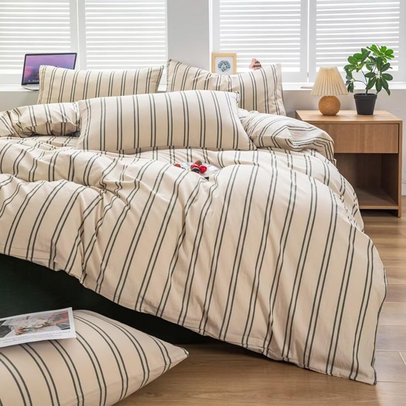 Mucalis Beige Duvet Cover Queen Size with Green Striped 100% Washed Cotton Duvet Cover Set Full Vintage 3 Piece Stripes Pattern Bedding Set with Zipper Closure Corner Ties,Durable,Breathable,Easy care - Image 4
