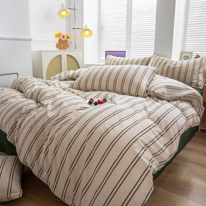 Mucalis Beige Duvet Cover Queen Size with Green Striped 100% Washed Cotton Duvet Cover Set Full Vintage 3 Piece Stripes Pattern Bedding Set with Zipper Closure Corner Ties,Durable,Breathable,Easy care - Image 3