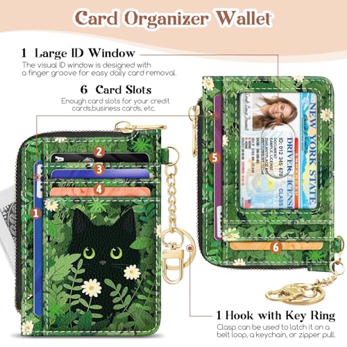 GIANCOMICS Slim Wallet Credit Card Holder Women, Black Cat Flower Rfid Blocking Small Card Case, Keychain Thin Pocket Curved Zipper Wallet, Travel Card Holder PU Leather ID Window, Ladies Female Gift - Image 4