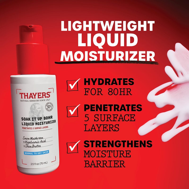 THAYERS Soak It Up 80HR Liquid Moisturizer, Face Moisturizer with Hyaluronic Acid and Snow Mushroom, Dermatologist Tested Skin Care for Normal to Dry Skin, 2.5 Oz - Image 2