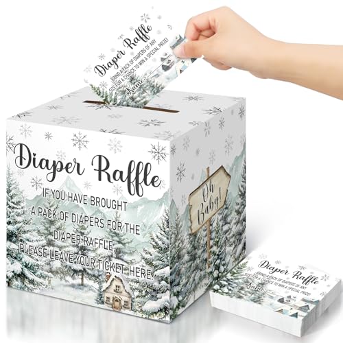 Teling 51 Pieces Diaper Raffle Tickets with Card Box Baby Shower Decorations Gender Reveal Holder Box for Girl Boy Diaper Raffle Party Baby Its Cold Outside - Image 1