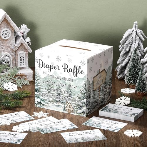 Teling 51 Pieces Diaper Raffle Tickets with Card Box Baby Shower Decorations Gender Reveal Holder Box for Girl Boy Diaper Raffle Party Baby Its Cold Outside - Image 3
