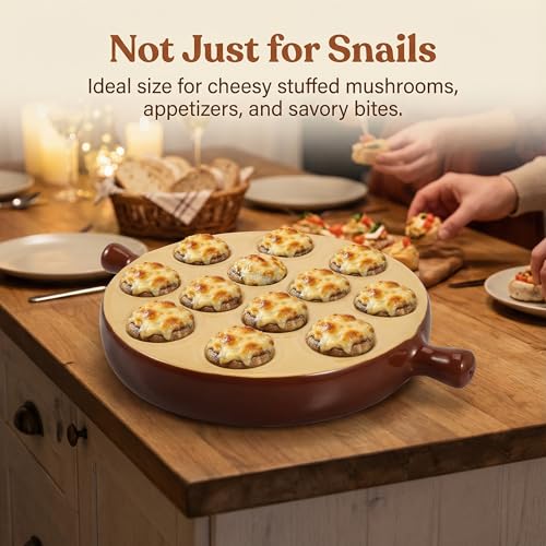 Hemoton Ceramic Escargot Baking Dish, 12 Holes Snail Plate with Handles, Round Mushroom Server for Oven to Table, Scallop Shrimp Appetizer Tray, Kitchen Cooking Pan for Home, Restaurant, 6.75 Inch - Image 4