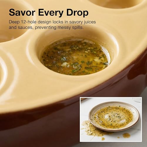 Hemoton Ceramic Escargot Baking Dish, 12 Holes Snail Plate with Handles, Round Mushroom Server for Oven to Table, Scallop Shrimp Appetizer Tray, Kitchen Cooking Pan for Home, Restaurant, 6.75 Inch - Image 2