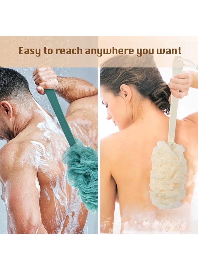 قطعتان من فرك الظهر للاستحمام، فرشاة استحمام من إسفنجة الليفة، تقشير الجسم بمقبض طويل، ناعمة وكثيفة، تنتج رغوة غنية، سهلة الجفاف، ليفة على عصا للرجال والنساء - Image 3