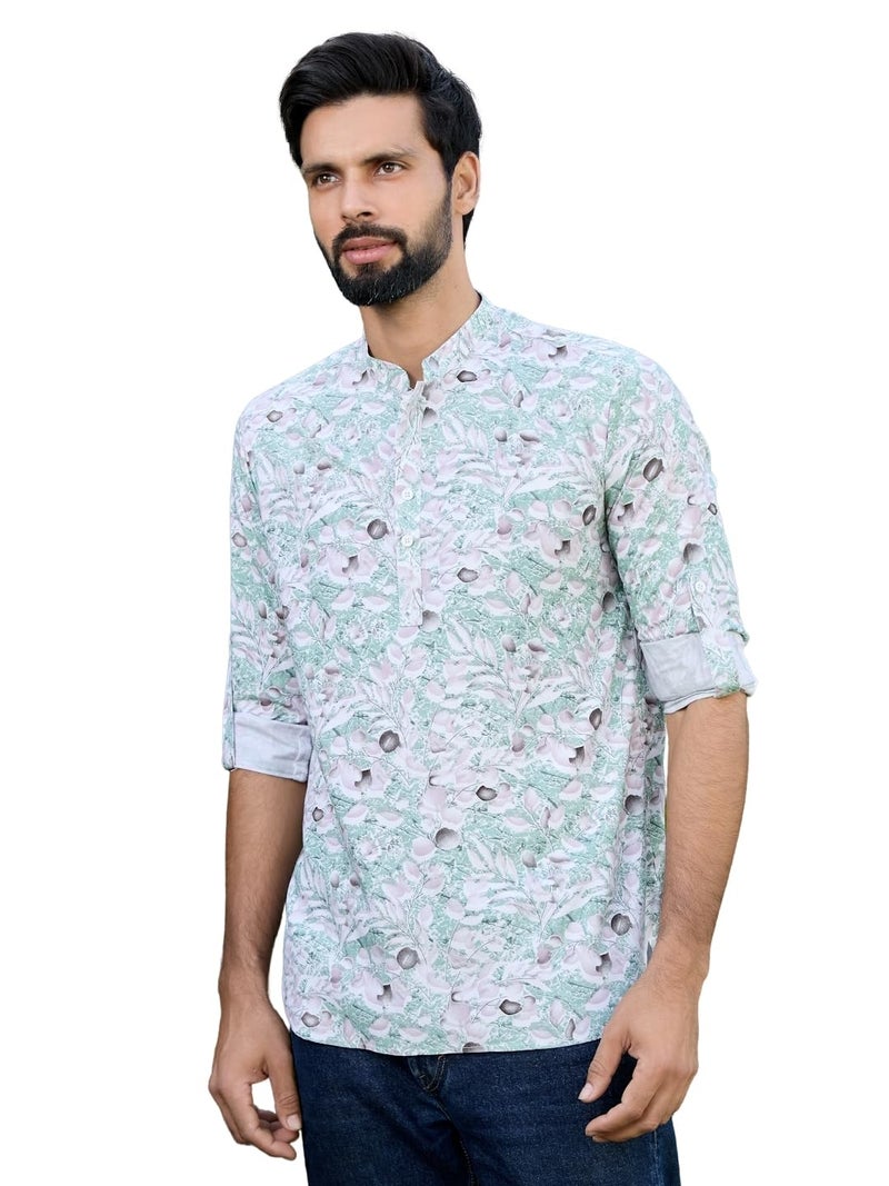 See Designs Men's Roll-Up Sleeve Mandarin Collar Green Tropical Printed Rayon Short Kurta - SDKT2936S - Image 1