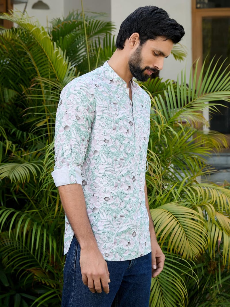 See Designs Men's Roll-Up Sleeve Mandarin Collar Green Tropical Printed Rayon Short Kurta - SDKT2936S - Image 3