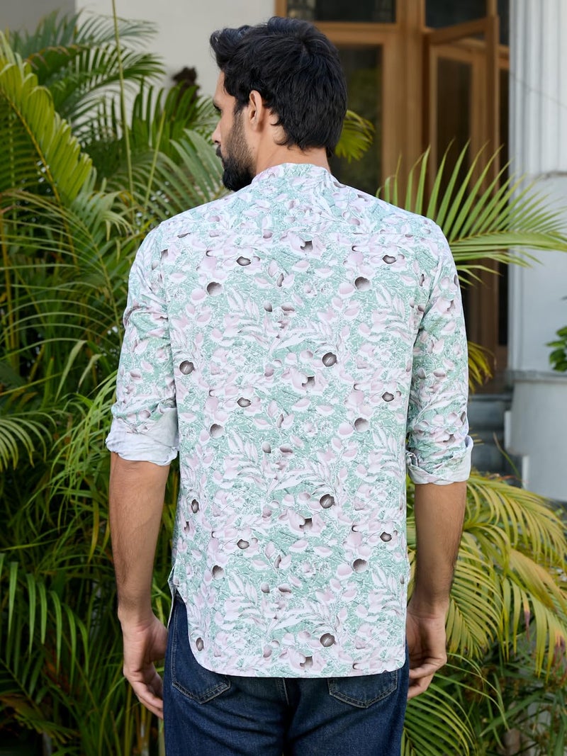 See Designs Men's Roll-Up Sleeve Mandarin Collar Green Tropical Printed Rayon Short Kurta - SDKT2936S - Image 4