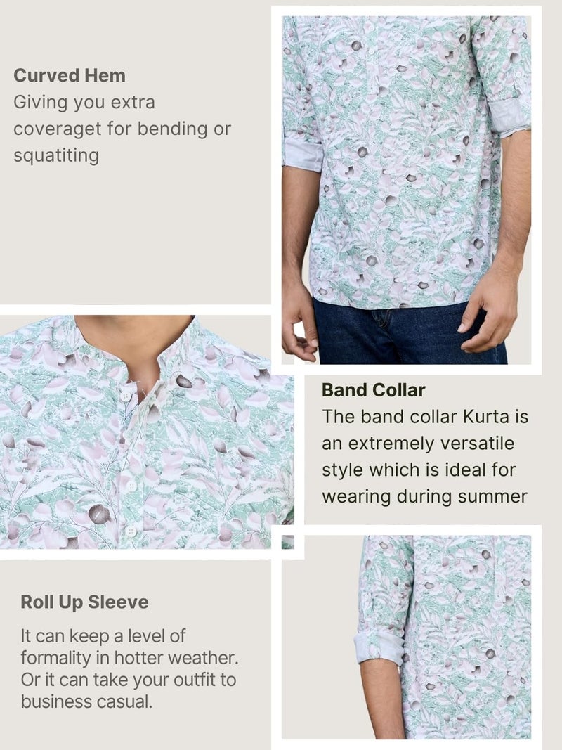 See Designs Men's Roll-Up Sleeve Mandarin Collar Green Tropical Printed Rayon Short Kurta - SDKT2936S - Image 2