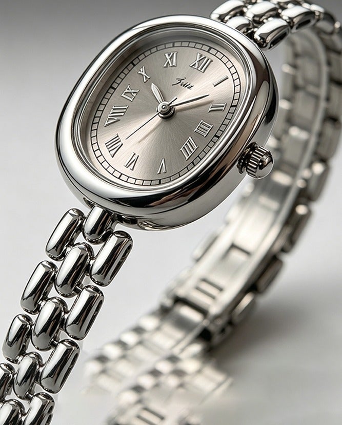 FILA Women's Quartz Watch Oval Dial Roman Numerals White Face, Silver Tone Metal Bracelet Elegant Vintage Style Wristwatch for Daily Wear - Image 1