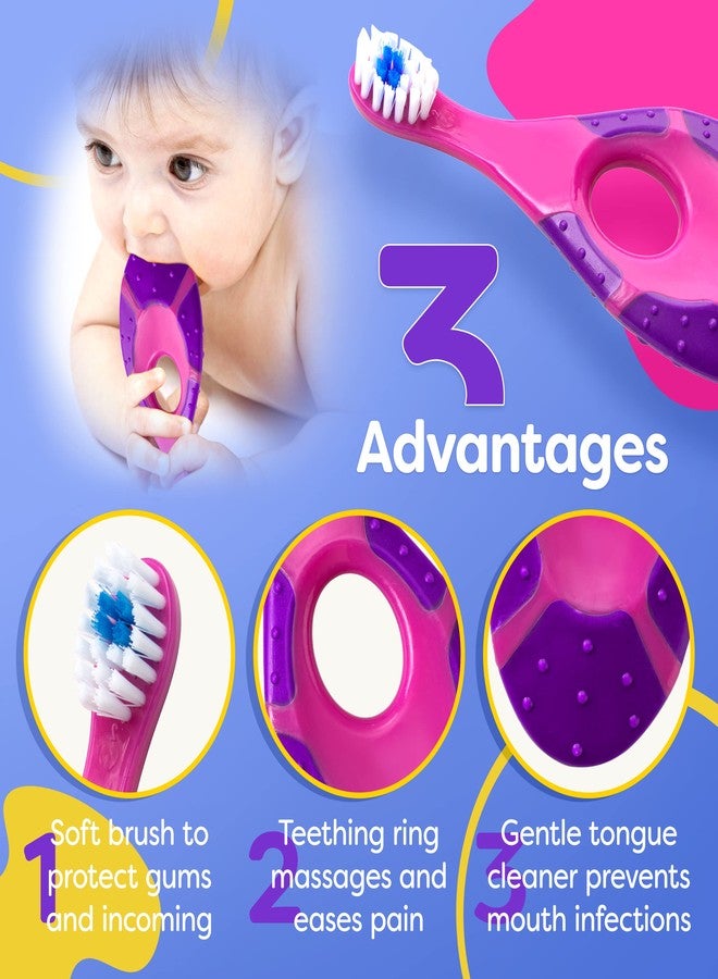 Trueocity Baby Toothbrush 4 Pack & Bonus Silicone Finger Brush, Soft Bristles, Toddler Toothbrushes, Infant & Training w/Teething Handle, 0-2 Years, Pink Set - Image 2