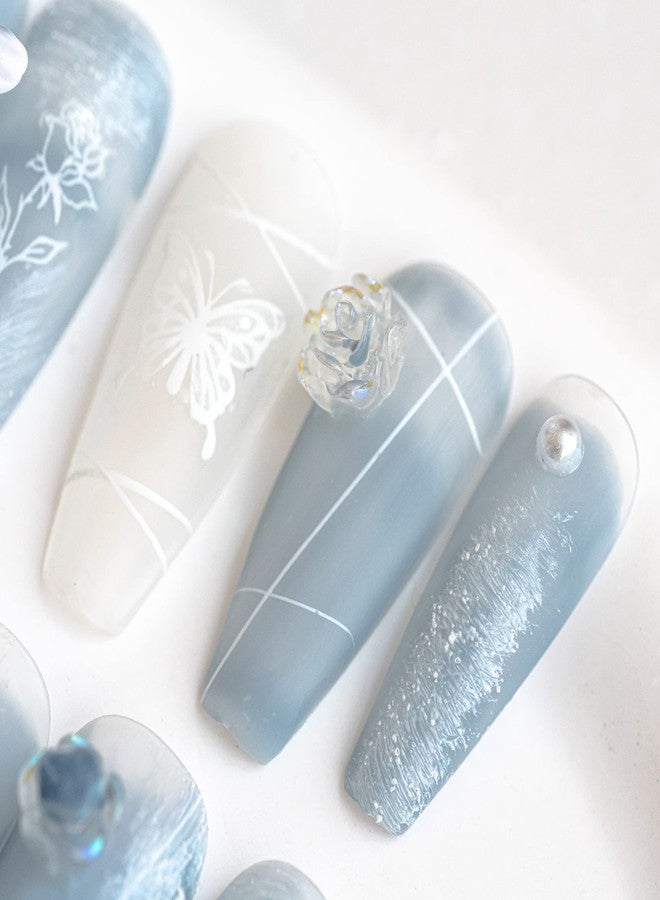 Sun&Beam Nails Handmade Press On Nail Coffin Ballerina 3D Accessories Blue Acrylic Fake Tip Design Art Charms Cute with Storage Box 10 Pcs (008 L) - Image 4
