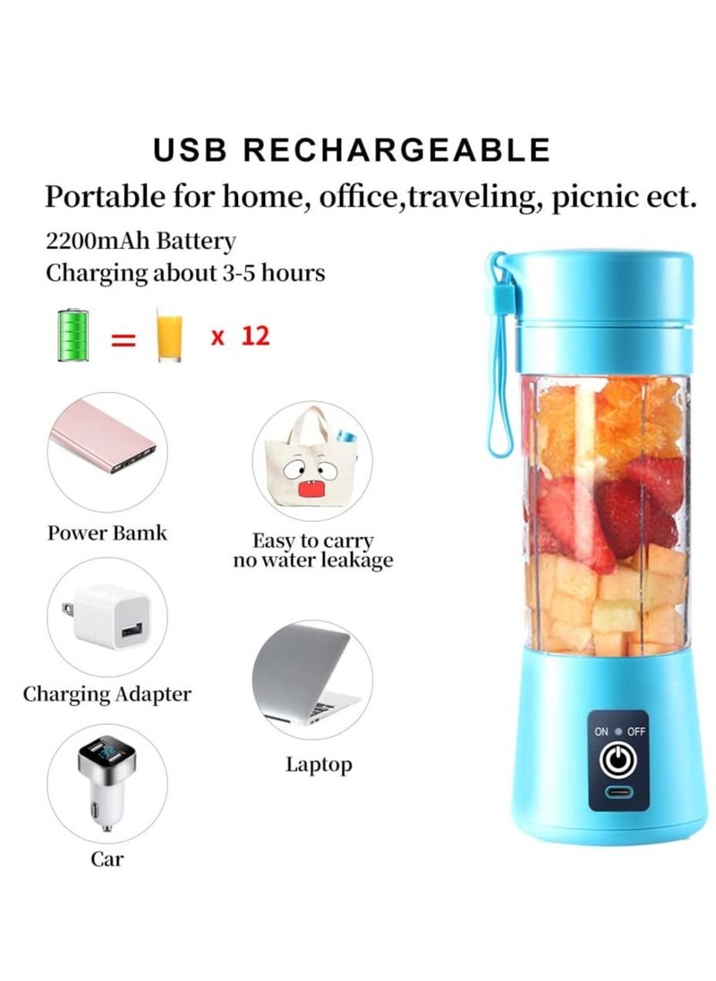 Biki - Portable Blender Cup Electric USB Juicer Blender Mini Blender Portable Blender for Shakes and Smoothies Juice 380ml Six Blades Great for Mixing Blue - Image 1