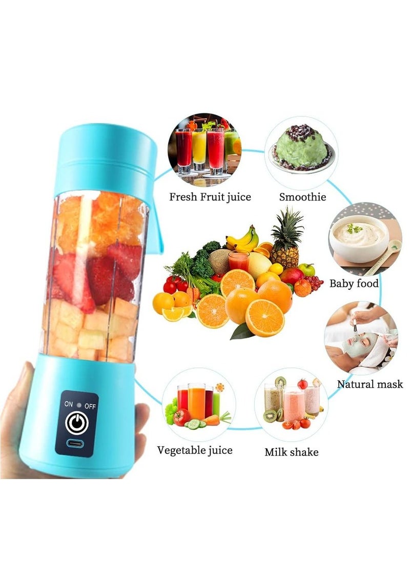 Biki - Portable Blender Cup Electric USB Juicer Blender Mini Blender Portable Blender for Shakes and Smoothies Juice 380ml Six Blades Great for Mixing Blue - Image 1