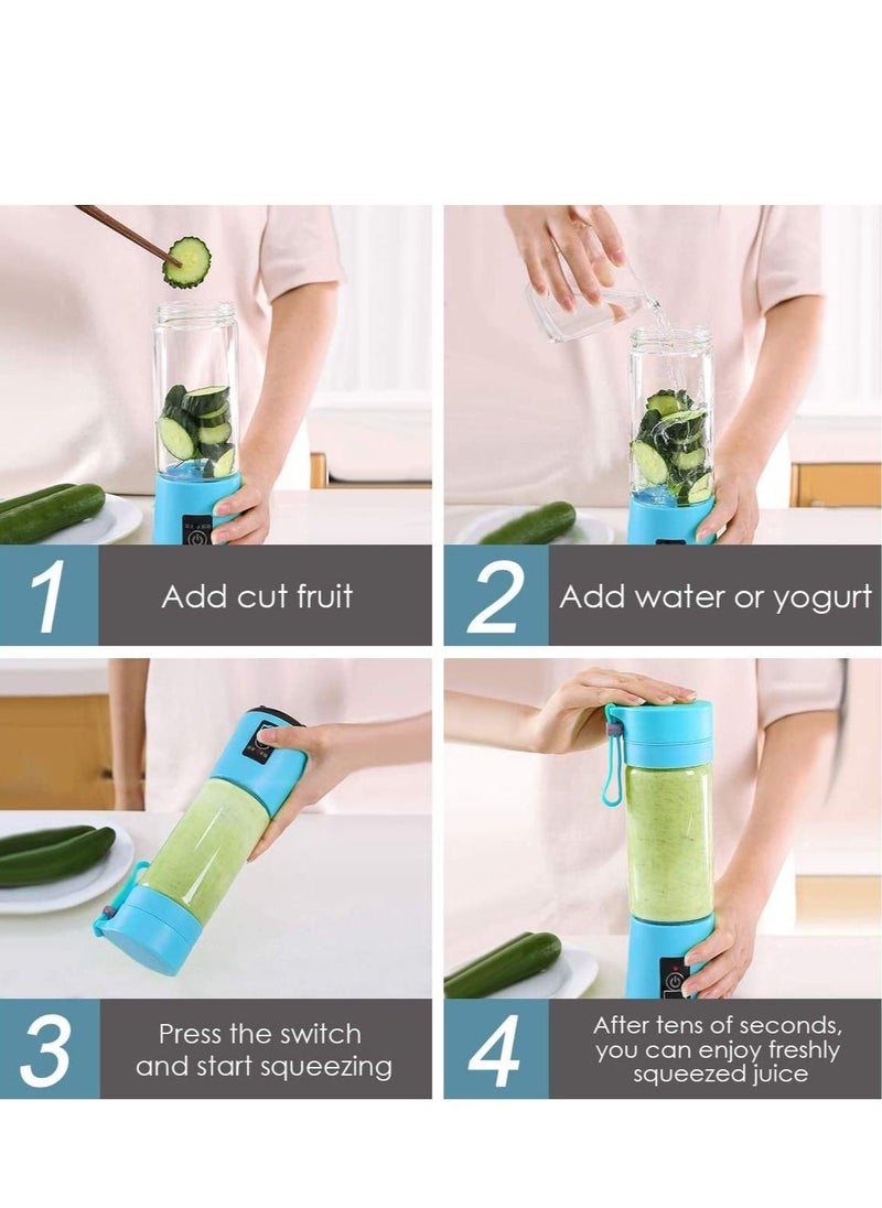 Biki - Portable Blender Cup Electric USB Juicer Blender Mini Blender Portable Blender for Shakes and Smoothies Juice 380ml Six Blades Great for Mixing Blue - Image 1
