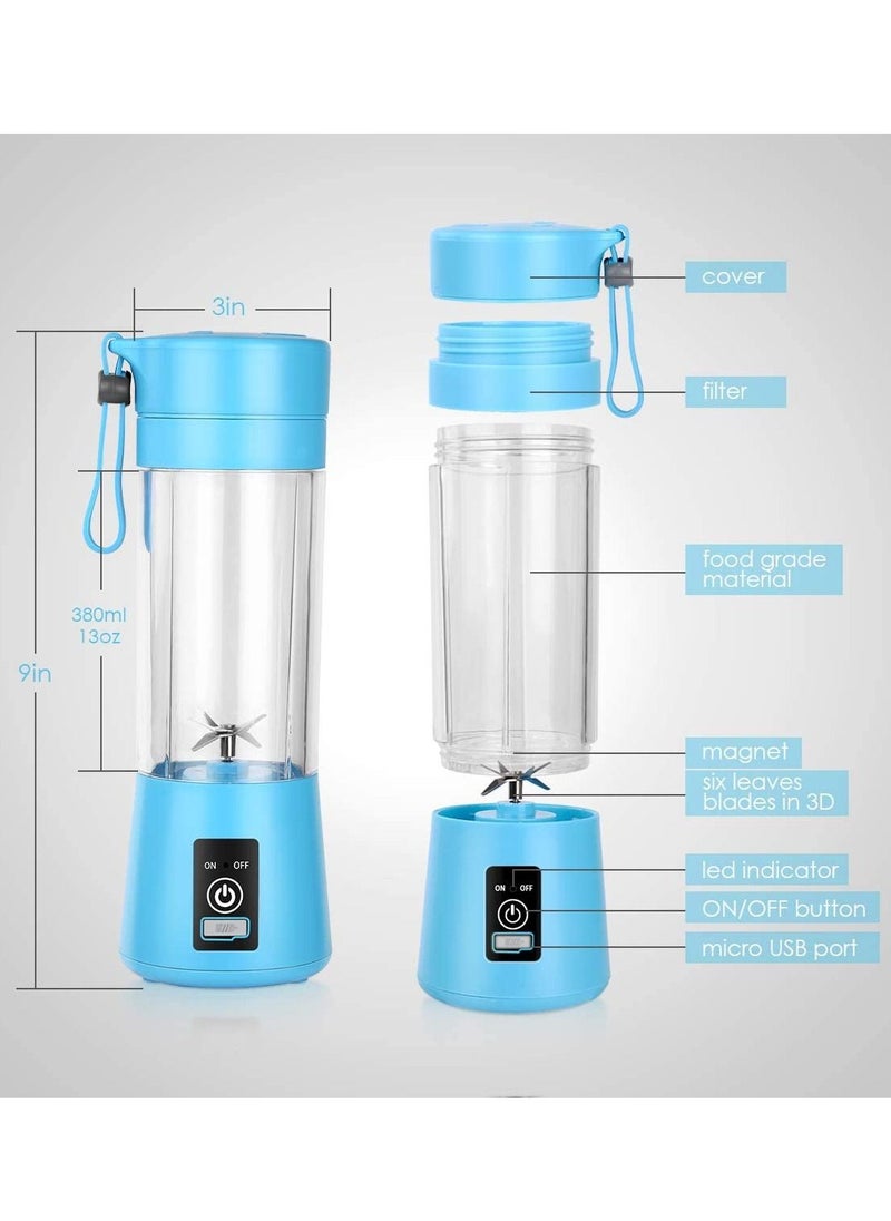 Biki - Portable Blender Cup Electric USB Juicer Blender Mini Blender Portable Blender for Shakes and Smoothies Juice 380ml Six Blades Great for Mixing Blue - Image 1