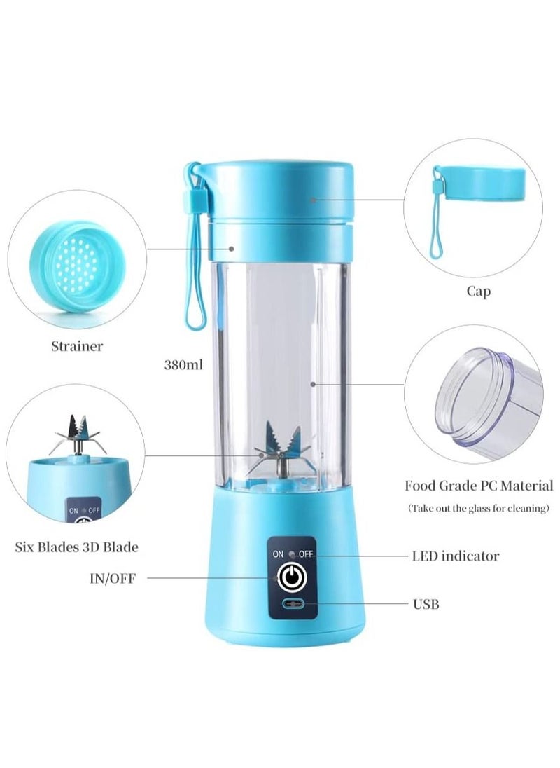 Biki - Portable Blender Cup Electric USB Juicer Blender Mini Blender Portable Blender for Shakes and Smoothies Juice 380ml Six Blades Great for Mixing Blue - Image 1