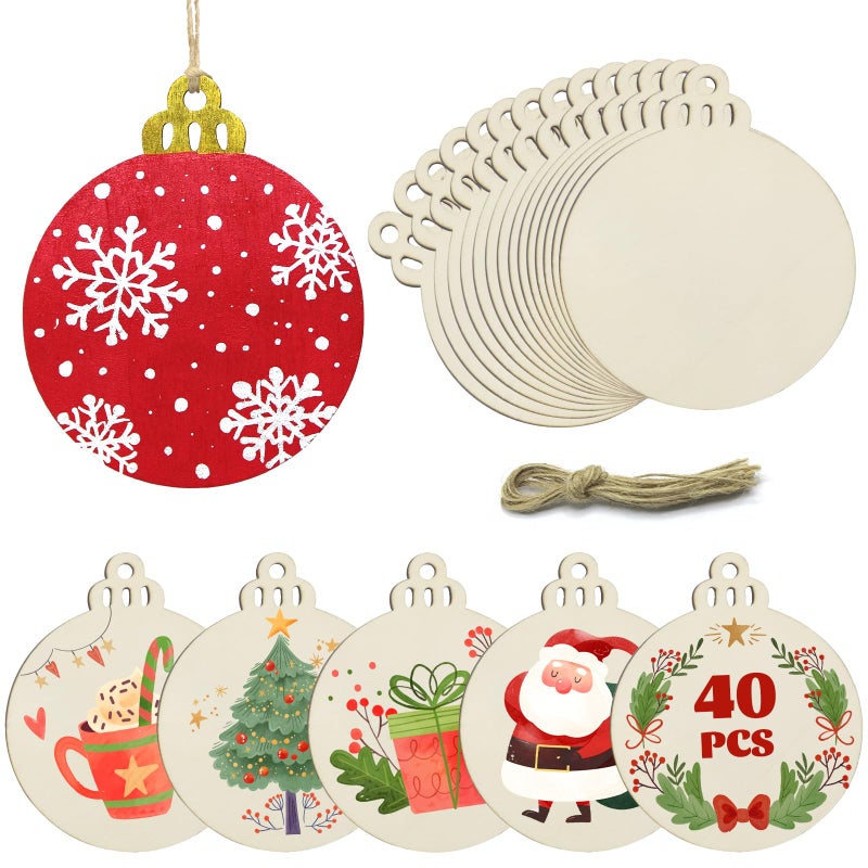 Hidreas 40 Pcs Unfinished Wood Ornaments DIY Round Wooden Ornaments Christmas Crafts Kit Round Wood Christmas Ornaments for Crafts and Christmas Holiday Hanging Decorations