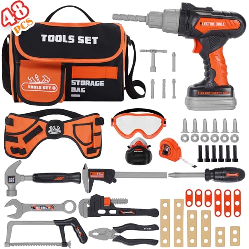 maysida Kids Tool Set 48PCS Toddler Tool Set Toys with Electronic Toy Drill Tool BagTool BeltTape Measure Pretend Play Kids Construction Tool Kits Toy for Boys Kids Birthday Gift for Boys Girls Ages 3 - Image 1