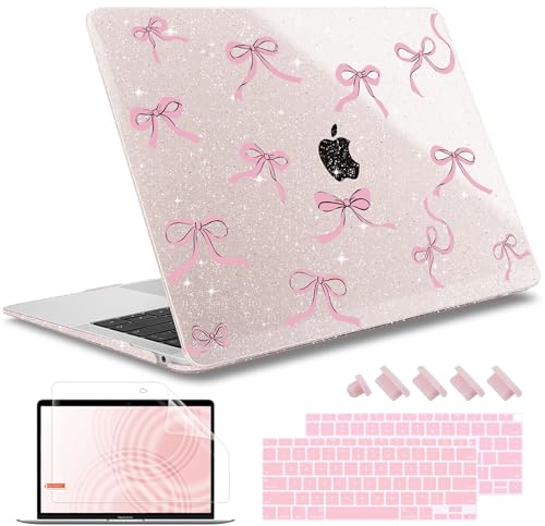 May Chen Compatible with MacBook Air 13 inch Case 2021, 2020 2019 2018 Release Model: M1 A2337 A2179 A1932, Plastic Hard Shell Case Cover with Keyboard Cover, Sakura Pink Glitter Bow - Image 1
