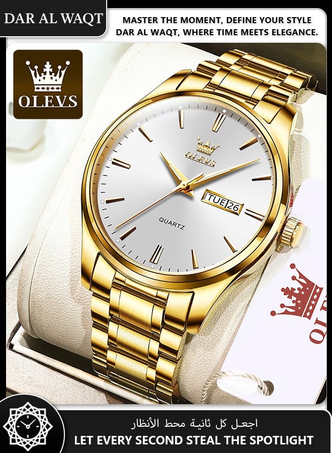 أوليفز ساعة كلاسيكية رجالية من OLEVS – قرص أبيض، حزام فولاذي ذهبي، مقاومة للماء - Image 3