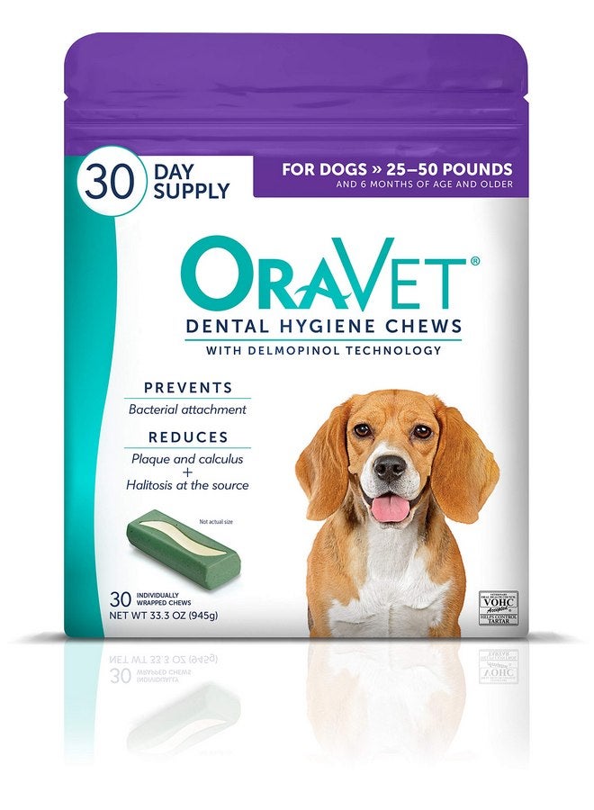 ORAVET Dental Chews for Dogs, Oral Care and Hygiene Chews (Medium Dogs, 25-50 lbs.) Purple Pouch, 30 Count - Image 1