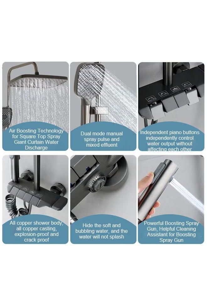 Shower System Thermostatic, 4-Function Piano Key Wall-Mounted Shower Set, with 12" Shower Head, 3 Function Hand Shower, Bath Mixers and Bidet Sprayers Brass Body - Image 2