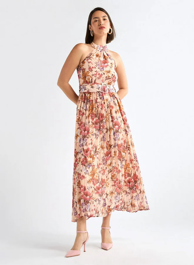 سبلاش فيڤ فستان بياقة هالتر وحزام وطبعات زهور