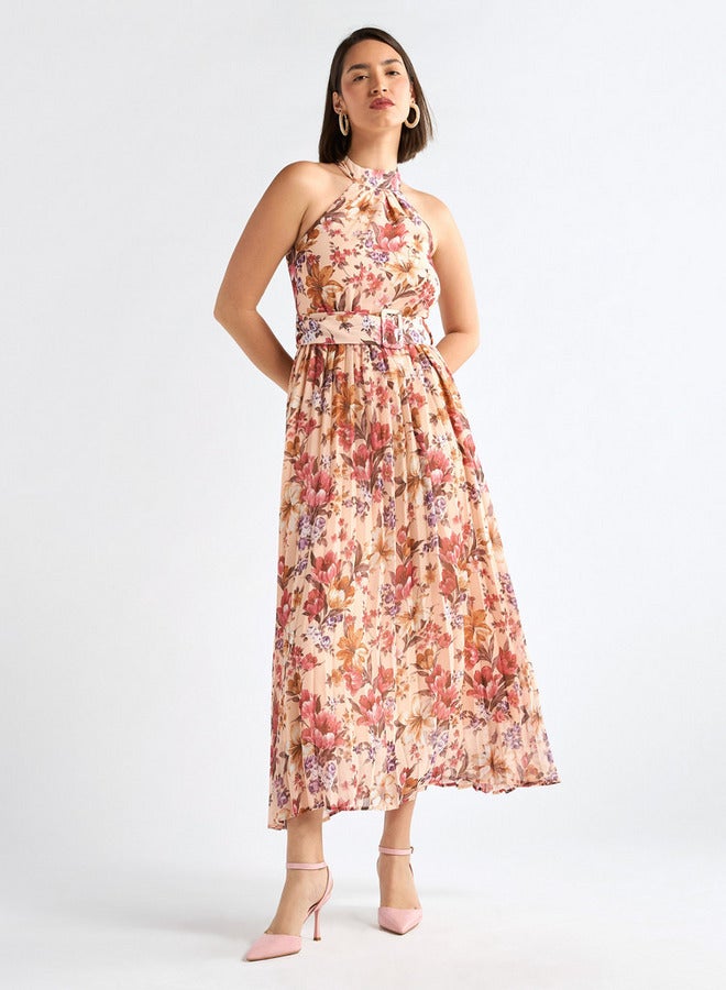 سبلاش فيڤ فستان بياقة هالتر وحزام وطبعات زهور - Image 1