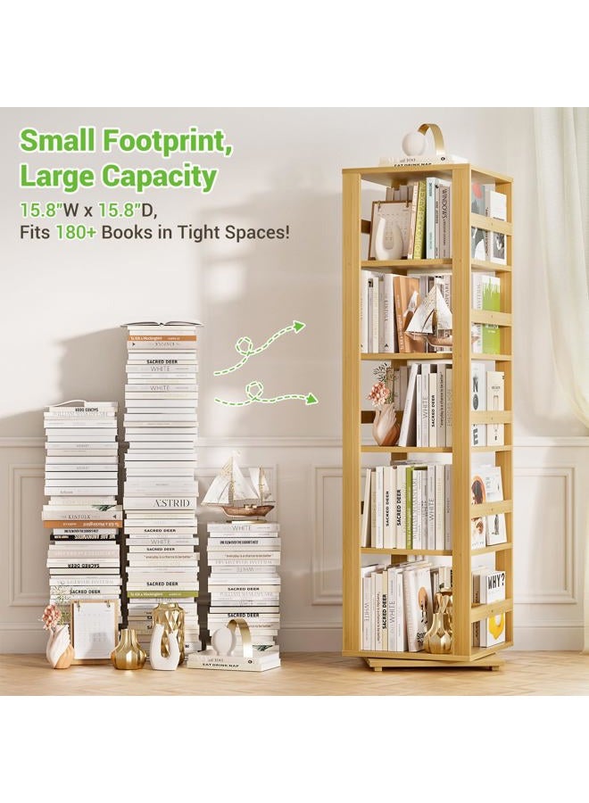 Homykic Bamboo Rotating Bookshelf, 360 Display Spinning Bookcase Tower, 5-Tier Wood Revolving Book Shelf for Kids & Small Spaces, Narrow Swivel Bookshelves Organizer Corner Storage Rack, Natural - Image 4