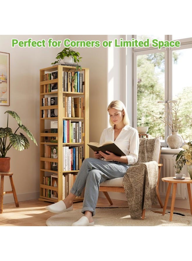 Homykic Bamboo Rotating Bookshelf, 360 Display Spinning Bookcase Tower, 5-Tier Wood Revolving Book Shelf for Kids & Small Spaces, Narrow Swivel Bookshelves Organizer Corner Storage Rack, Natural - Image 2