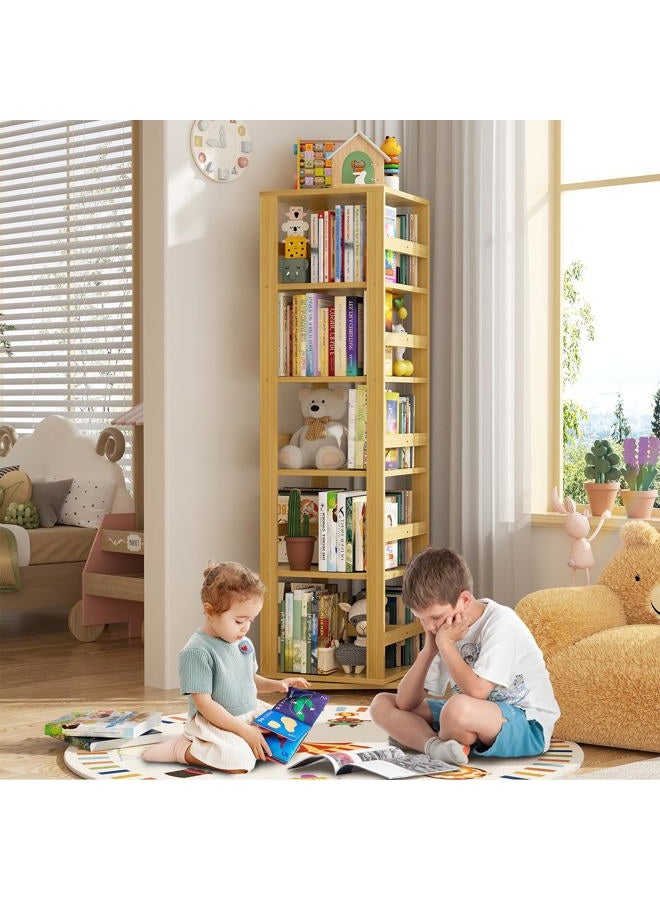 Homykic Bamboo Rotating Bookshelf, 360 Display Spinning Bookcase Tower, 5-Tier Wood Revolving Book Shelf for Kids & Small Spaces, Narrow Swivel Bookshelves Organizer Corner Storage Rack, Natural - Image 3