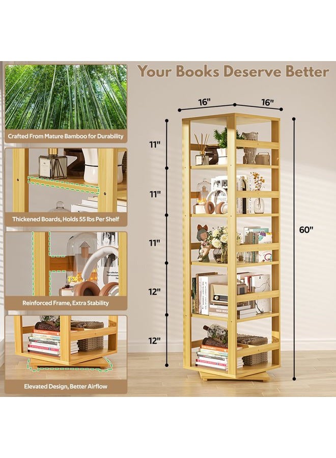 Homykic Bamboo Rotating Bookshelf, 360 Display Spinning Bookcase Tower, 5-Tier Wood Revolving Book Shelf for Kids & Small Spaces, Narrow Swivel Bookshelves Organizer Corner Storage Rack, Natural - Image 5