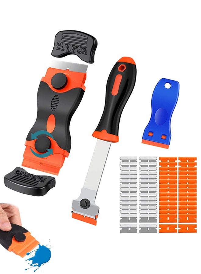 Sweet Life Razor Blade Scraper Tool, 3 Pack with 50 Plastic and 30 Metal Razor Blades, Cleaning Scraper for Removing Label, Registration Sticker, Tint, Grease from Windshield, Appliance, Glass - Image 1