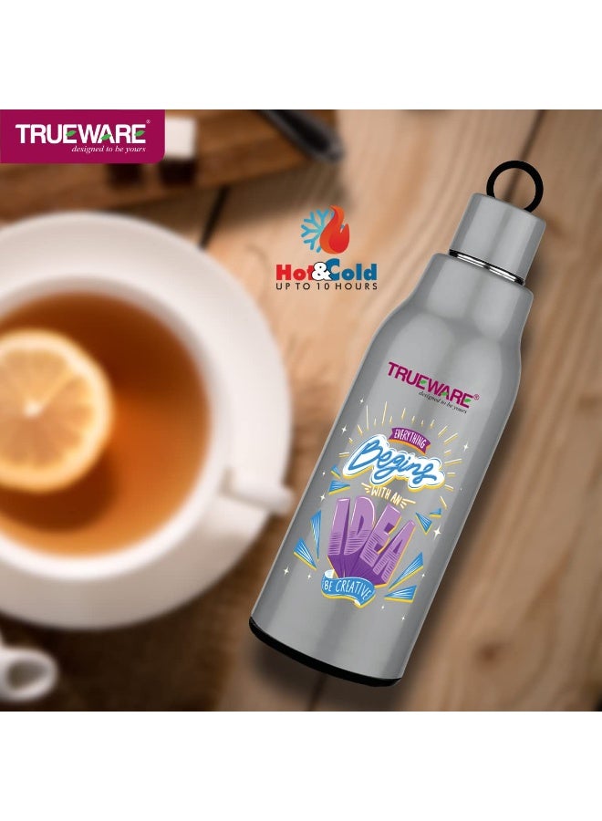 Trueware Atom 800 Insulated Inner Stainless Steel Water Bottle, 800 ml, Stainless steel finish| Grey | Leak Proof | BPA Free | Hot or Cold for Hours | Office | Gym | Hiking | Treking | Travel Bottle - Image 3