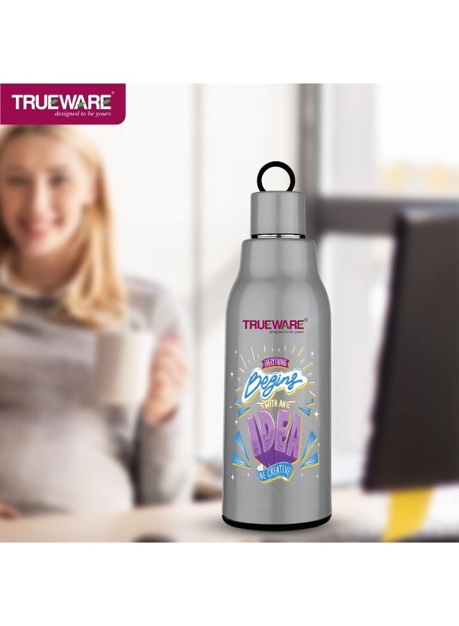 Trueware Atom 800 Insulated Inner Stainless Steel Water Bottle, 800 ml, Stainless steel finish| Grey | Leak Proof | BPA Free | Hot or Cold for Hours | Office | Gym | Hiking | Treking | Travel Bottle - Image 2
