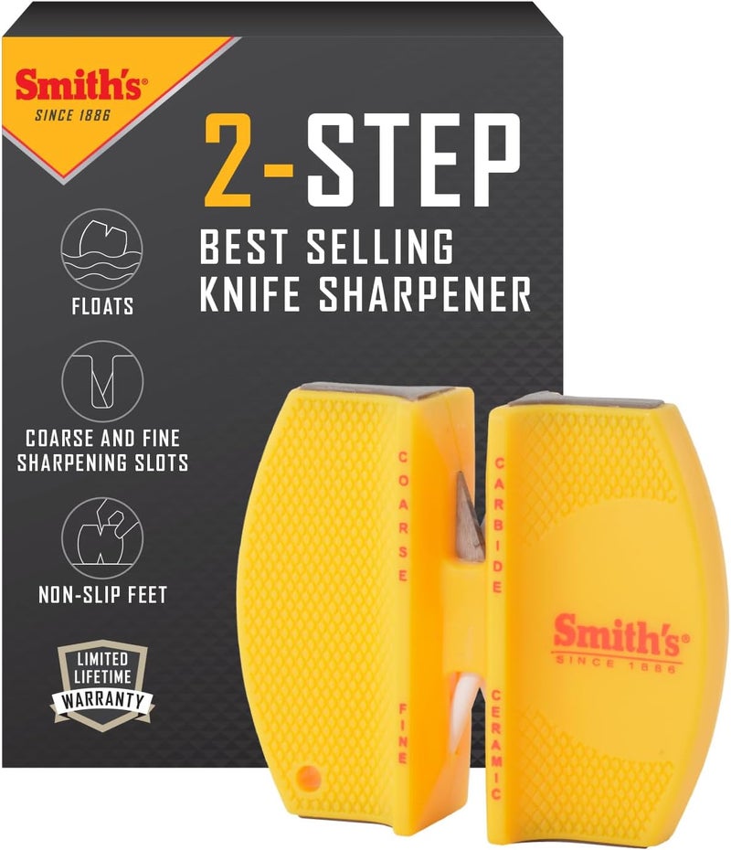 Smiths CCKS 2-Step Knife Sharpener - Yellow - 2-Step Preset Coarse & Fine Slots - Outdoor Handheld Knife Sharpener - Fishing, Hunting, Fillet, Pocket Knives - Compact Plastic Portable Keychain Tool - Image 1