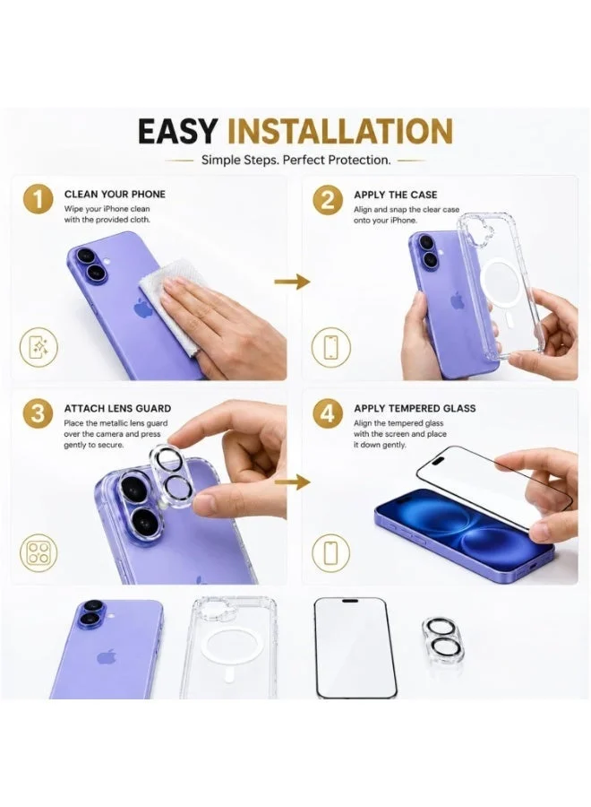 MG Maxguard 3-in-1 Protection Kit | Crystal Clear Phone Case + 9H Tempered Glass Screen Protector + Camera Lens Protector | 360° Full Body Protection | Combo Pack (Iphone 16 Plus)