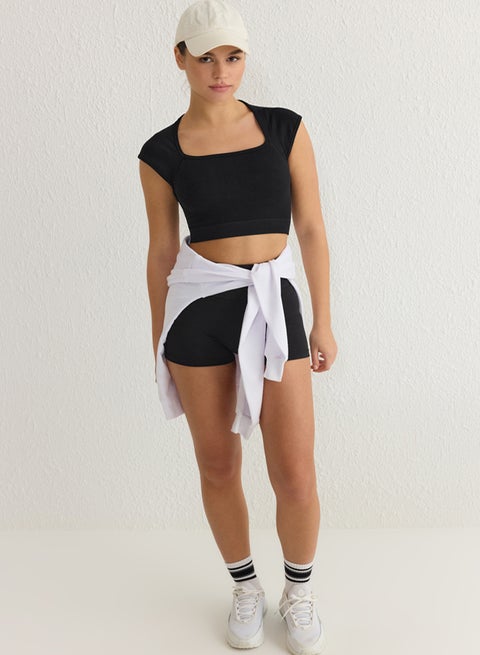 Black Seamless Crop Sports Top - Square Neck, Knitted
