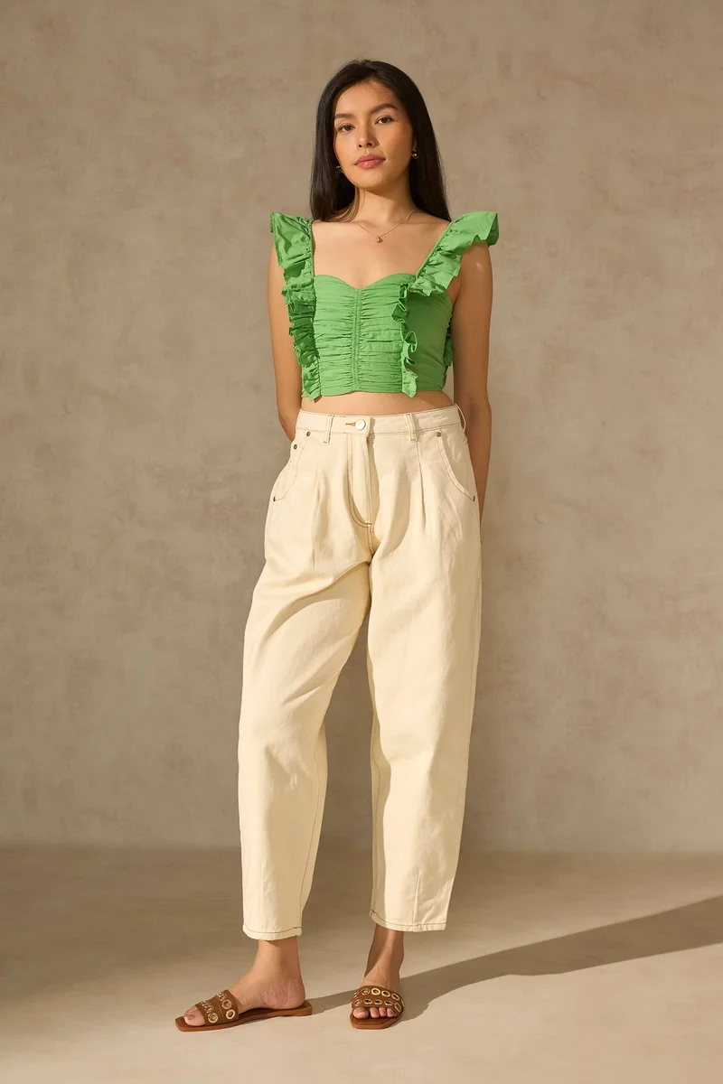 فيرجيو Linen Textured Vacation Ruffle Tops for Women