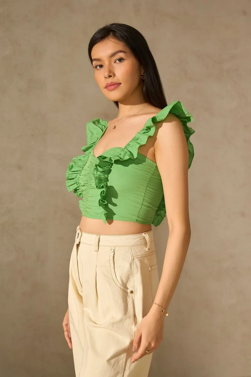 Virgio Linen Textured Vacation Ruffle Tops for Women