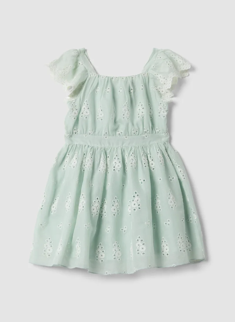 او في اس OVS Green Broderie Anglaise Viscose And Cotton Blend Dress For Girls, Regular Fit