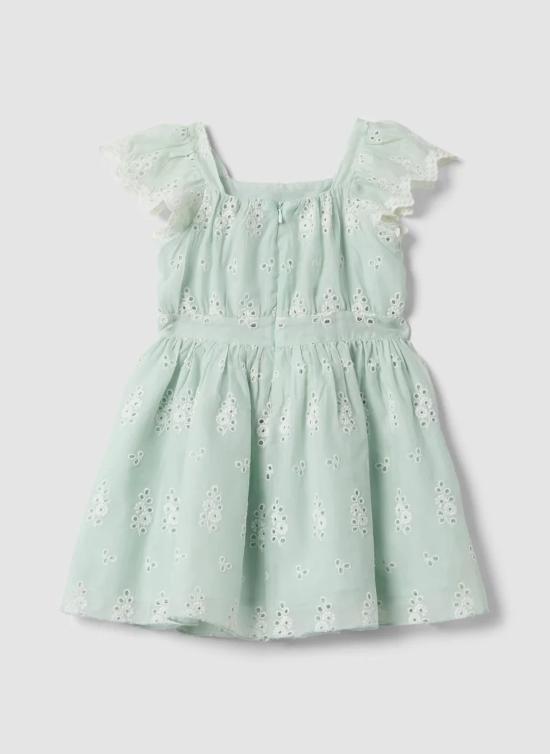 او في اس OVS Green Broderie Anglaise Viscose And Cotton Blend Dress For Girls, Regular Fit