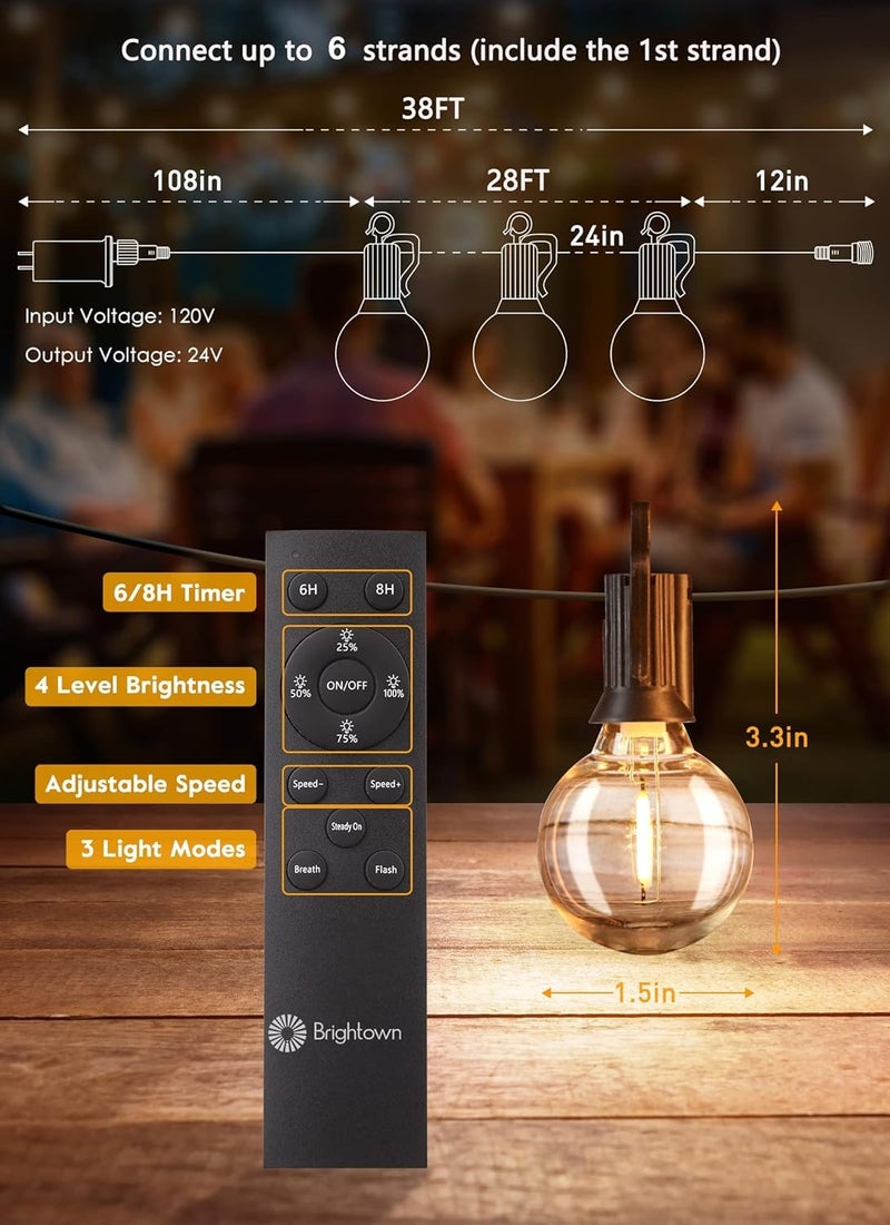 Brightown 38Ft Outdoor String Lights with Remote & 15 Shatterproof LED Bulbs - Waterproof Patio Hanging Lamps for Porch Balcony Bistro Cafe - Image 2