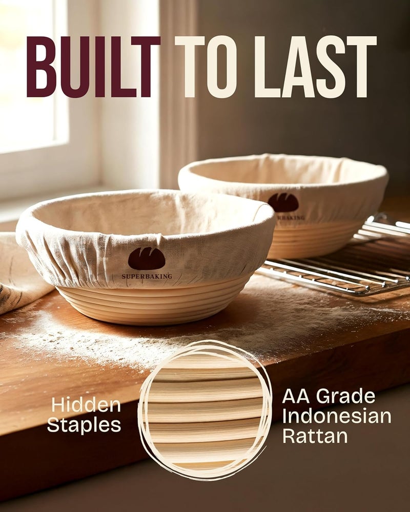 Superbaking Banneton Bread Proofing Basket Set of 2, 9" Splinter-Free Round Rattan Bread Basket with Liners, Sourdough Starter Kit, Sourdough Bread Baking Supplies & Sourdough Kit, Bread Making Tools - Image 2