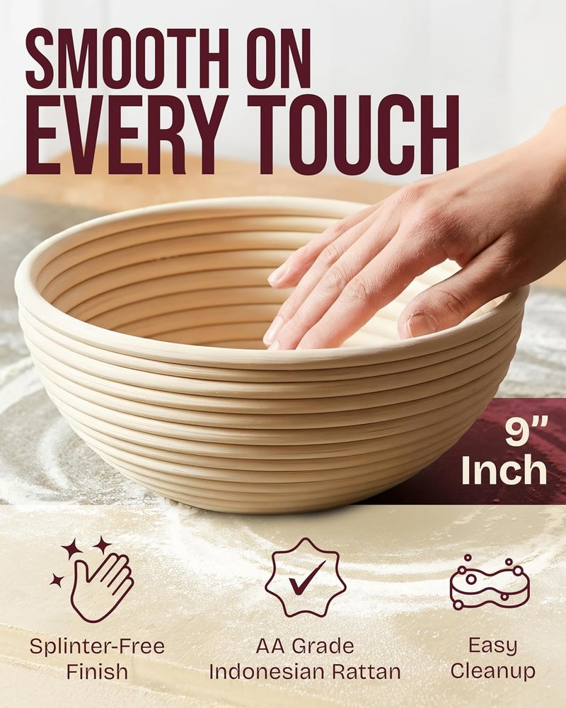 Superbaking Banneton Bread Proofing Basket Set of 2, 9" Splinter-Free Round Rattan Bread Basket with Liners, Sourdough Starter Kit, Sourdough Bread Baking Supplies & Sourdough Kit, Bread Making Tools - Image 3