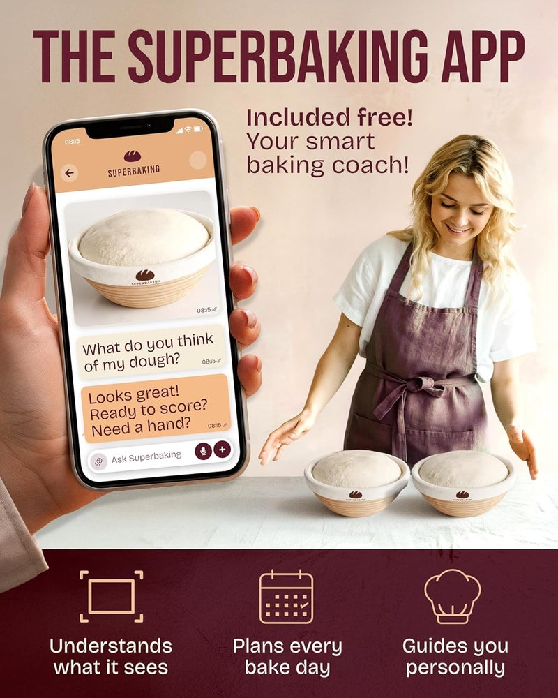 Superbaking Banneton Bread Proofing Basket Set of 2, 9" Splinter-Free Round Rattan Bread Basket with Liners, Sourdough Starter Kit, Sourdough Bread Baking Supplies & Sourdough Kit, Bread Making Tools - Image 5